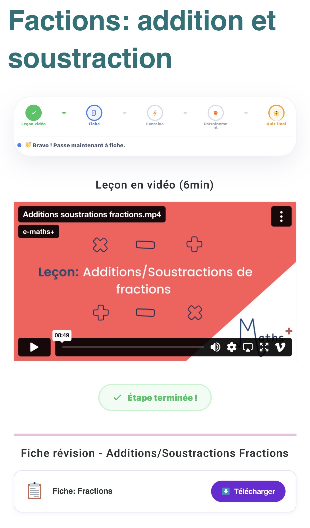 Chapitre Fractions e-Maths+ : leçon vidéo, fiche et exercices progressifs