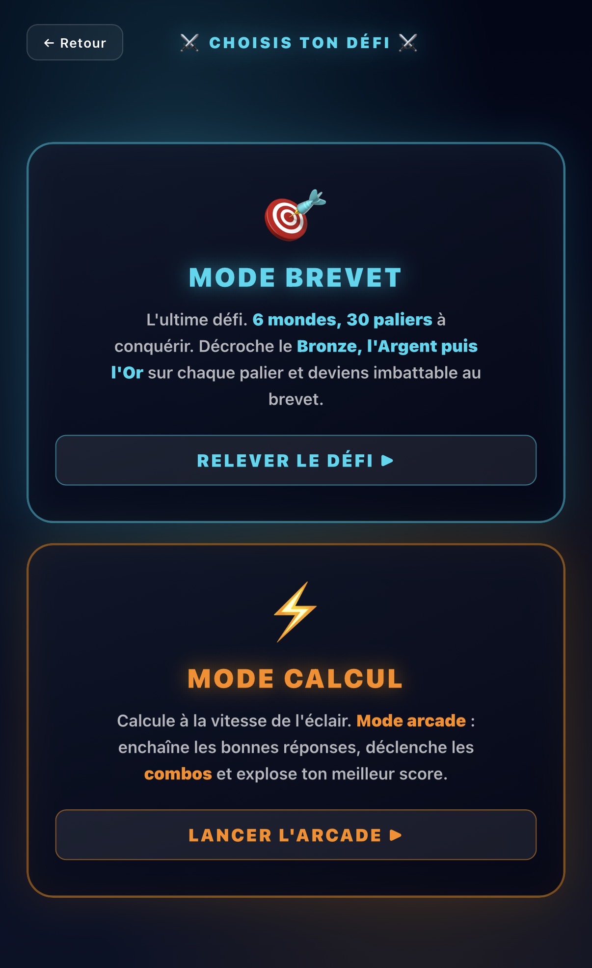 Mode jeu e-Maths+ : Choisis ton défi — Mode Brevet et Mode Calcul