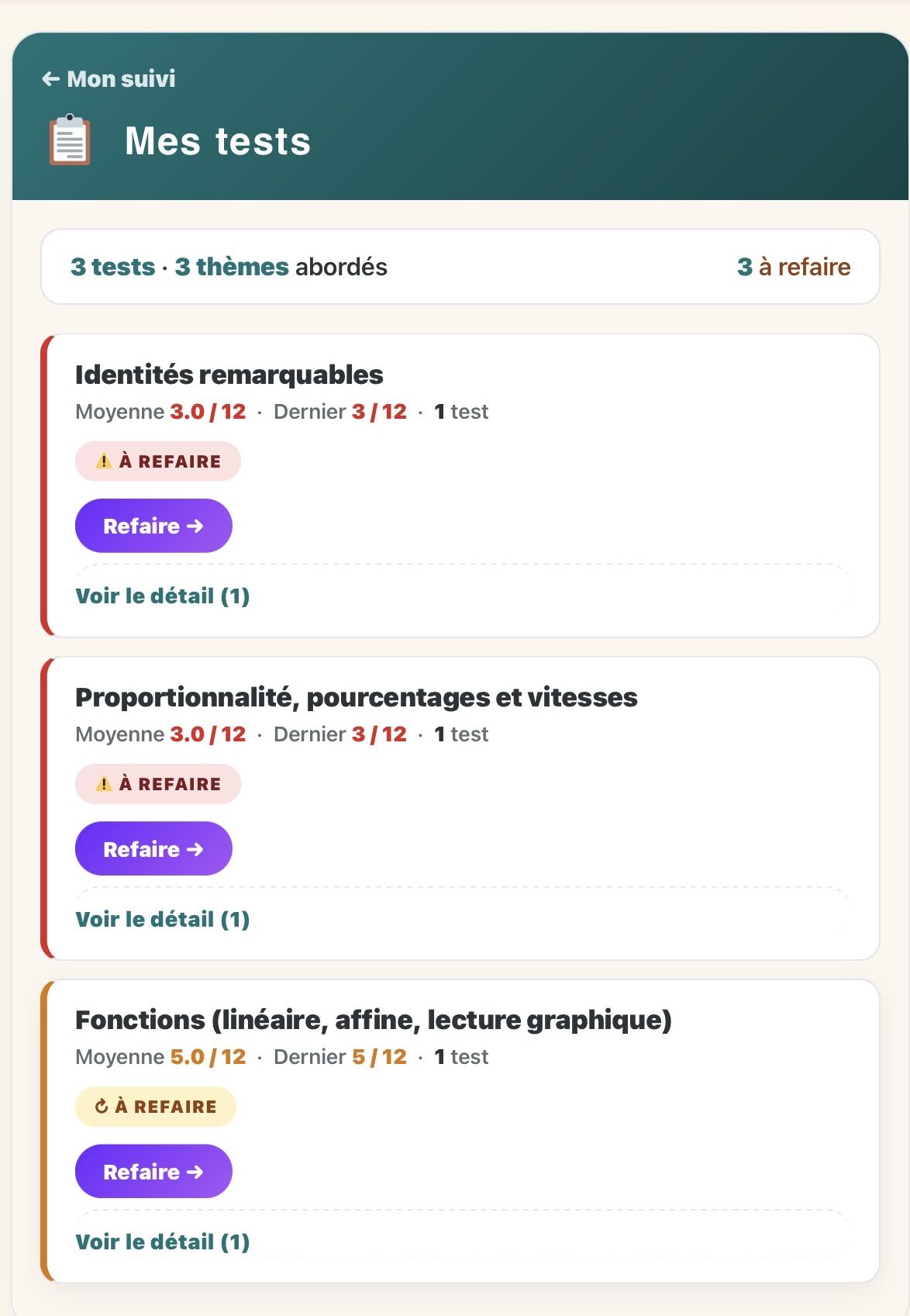 Suivi des progrès e-Maths+ : notes et notions à revoir