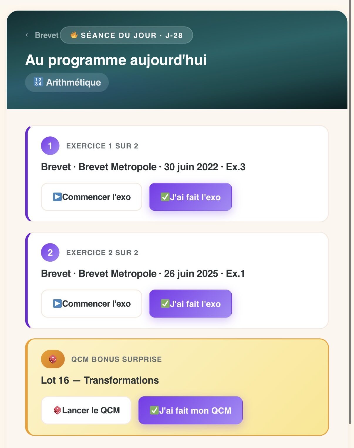 Séance guidée du jour e-Maths+ : exercice 1, exercice 2, QCM bonus